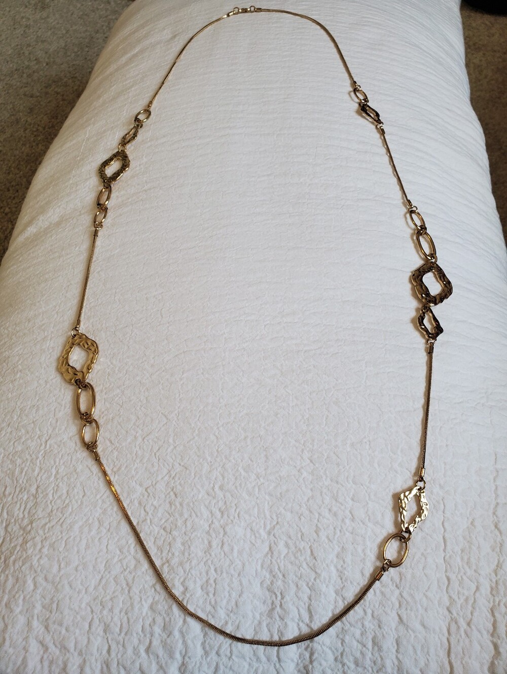Gold Tone Long Link Necklace With Hammered Accents